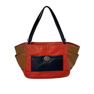 Coach Park Color Block Carrie Tote Bag Red Blue Brown Leather Handbag Purse